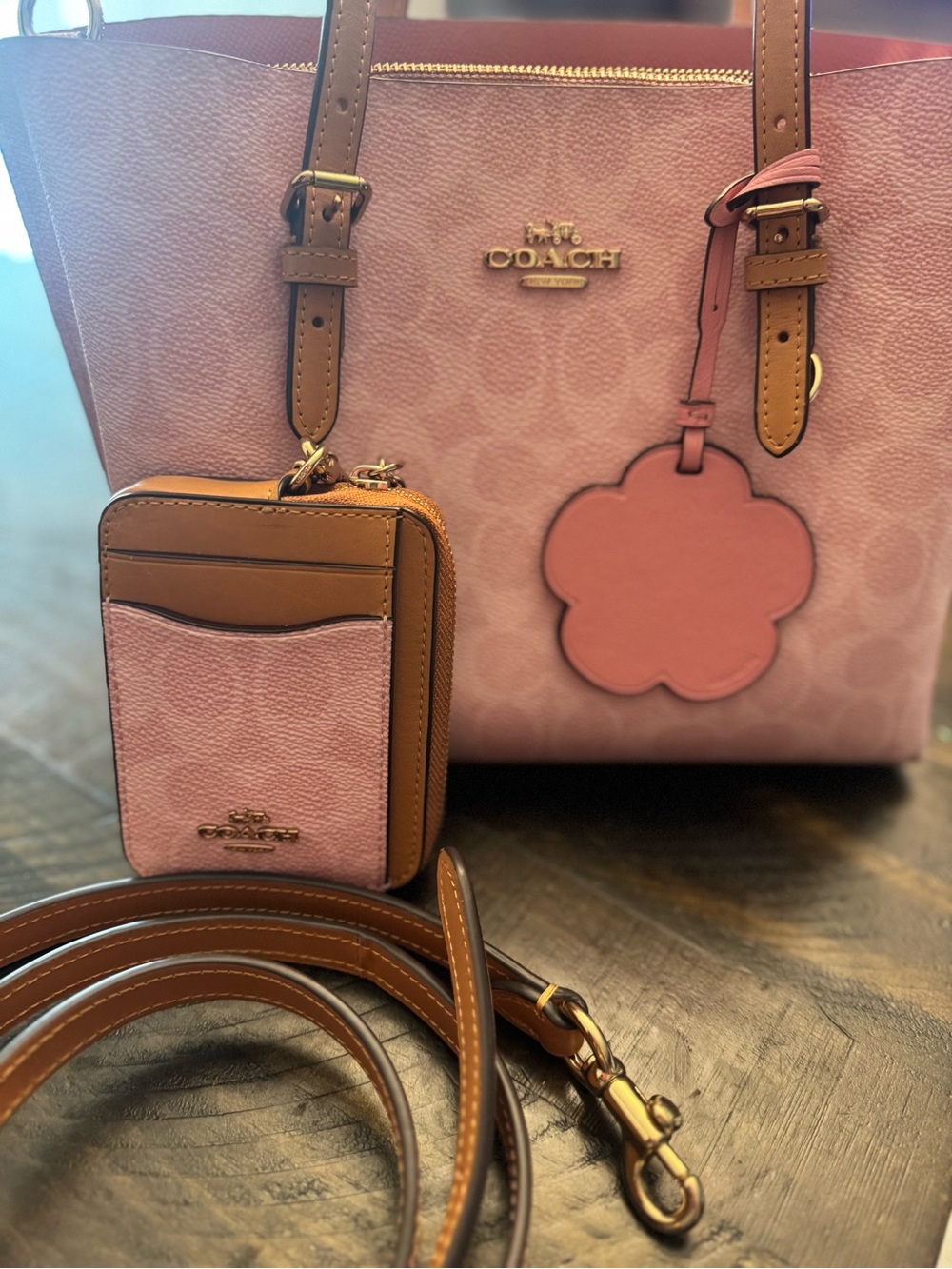 Coach Pink Logo Tote with Brown Leather Trim and Card Case - Picture 2 of 8